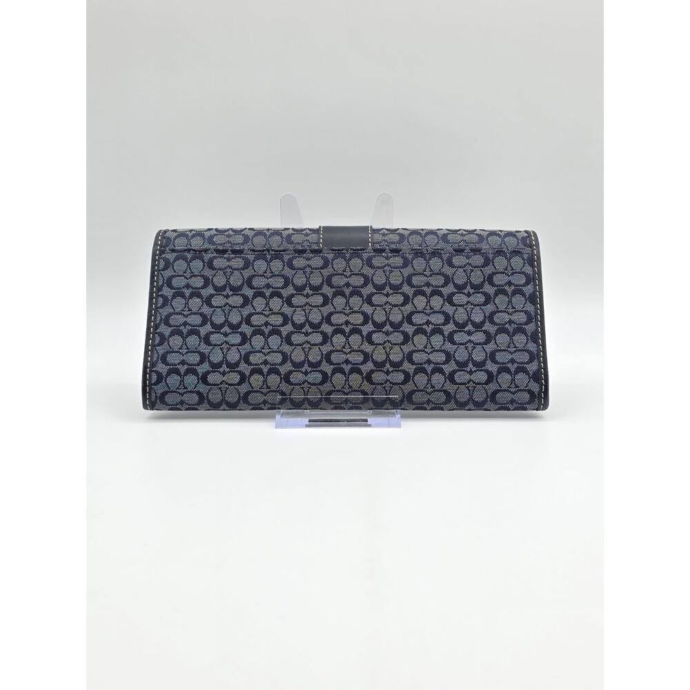 Coach Signature Long Flap Wallet Navy Blue Jacquard Leather Trim Clutch Wallet - Picture 2 of 15